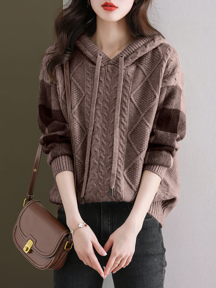 Damen Strickpullover mit Kapuze und modischem Karomuster Drune