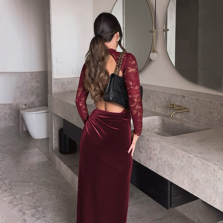 Damen Elegantes Spitzen- und Samt-Abendkleid mit hohem Schlitz und dekorativem Gürtel Drune