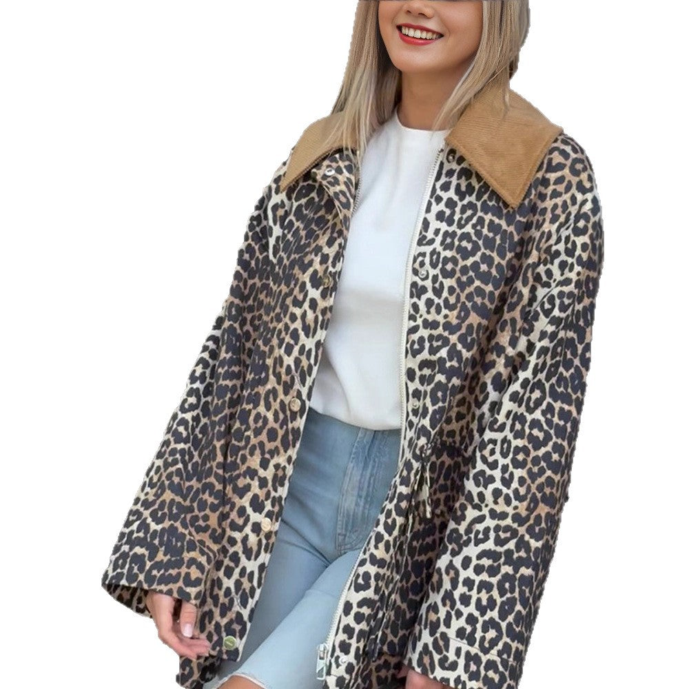 Damen modische Leopardenjacke mit funktionalen Taschen und umschlagbarem Kragen Drune