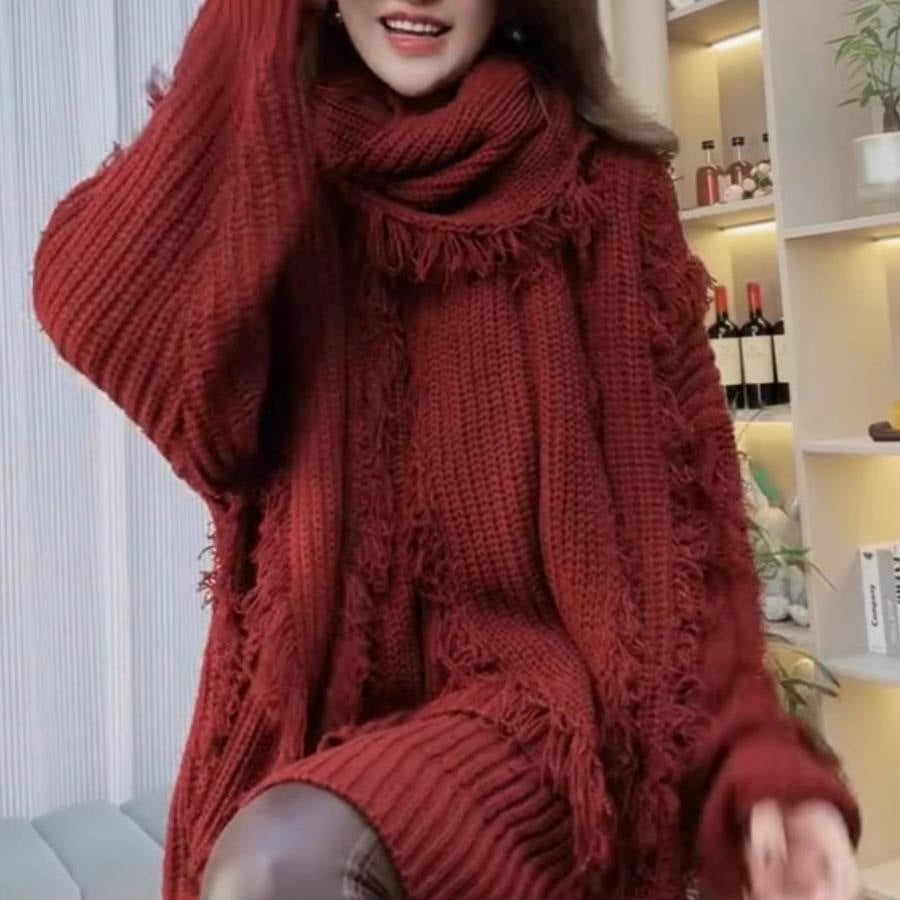 Damen Grobstrickpullover mit fransigen Abschlüssen und V-Ausschnitt Drune
