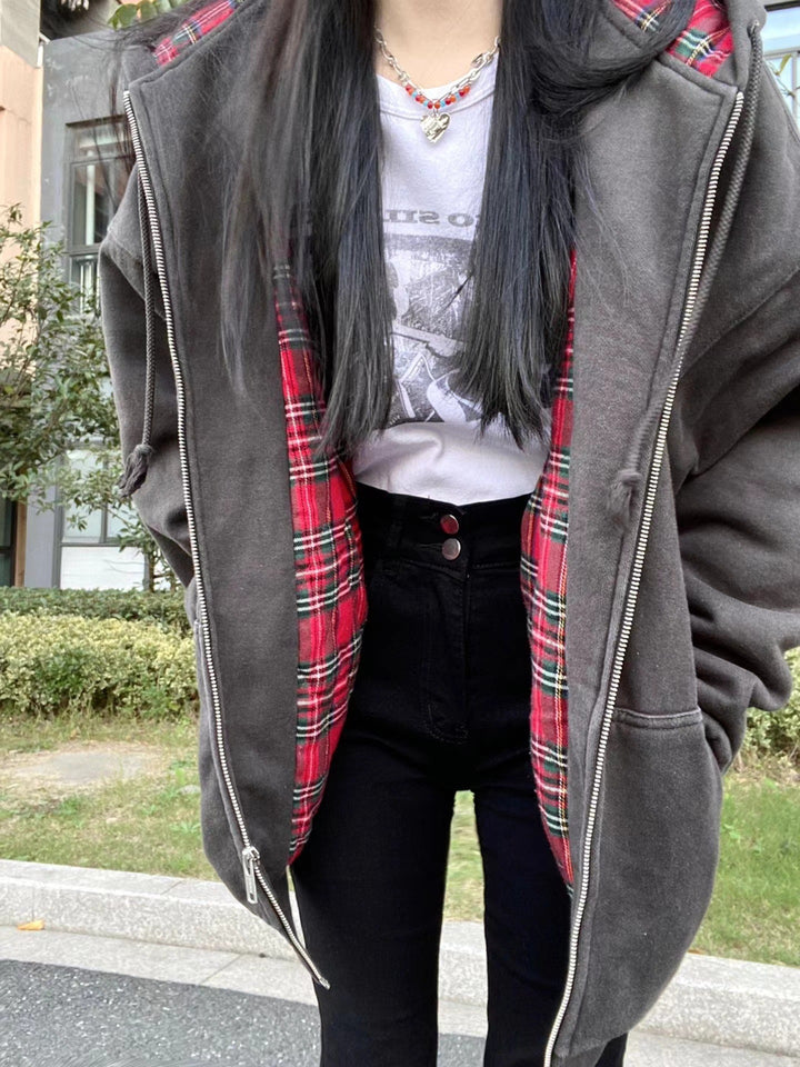 Damen lässige Kapuzenjacke mit kariertem Innenfutter Drune