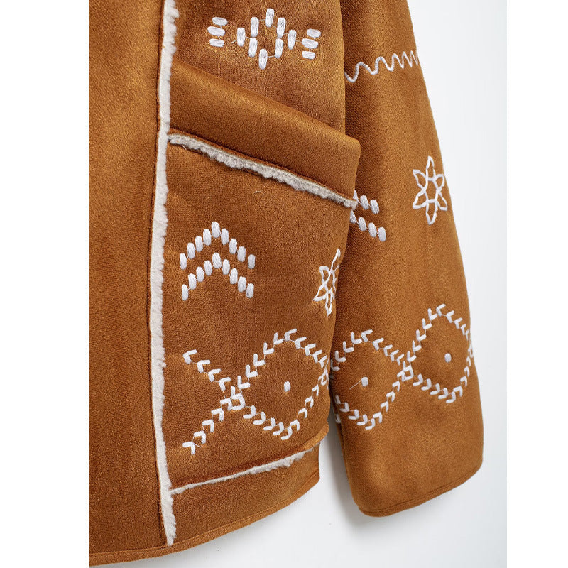 Damen modische Jacke mit gestickt und eleganter Teddykragen Drune