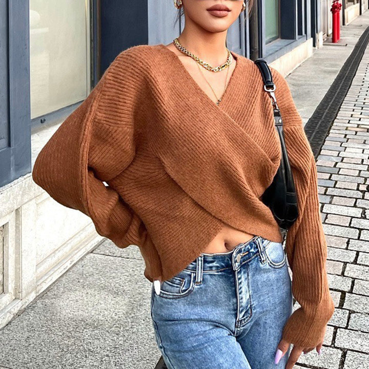Damen cropped Wickelpullover aus strukturiertem Material Drune
