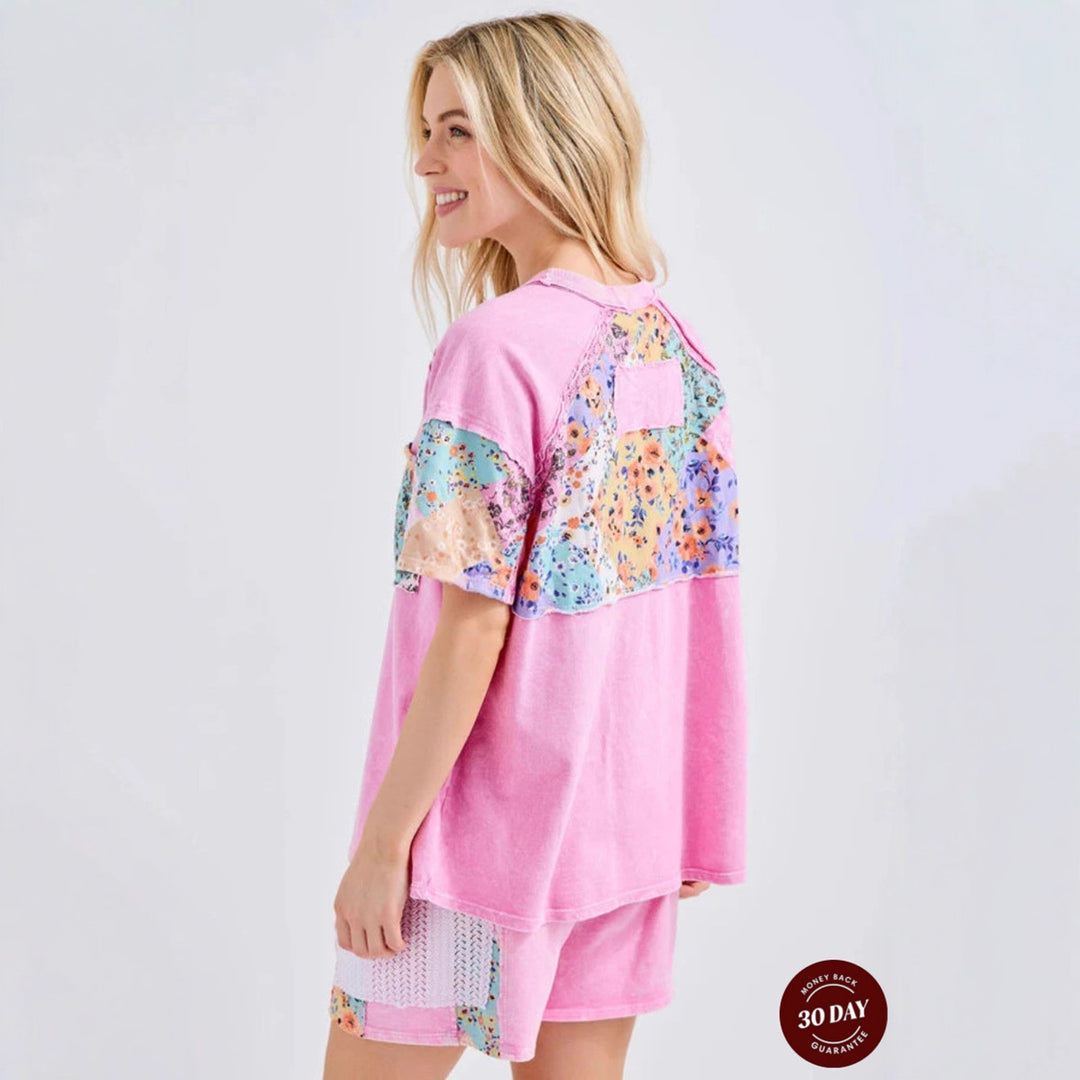 Damen nan lässiges Loungewear-Zweiteiler mit Oversize-Shirt, Kordelshorts, Patchwork-Tasche und Häkelbesatz Drune