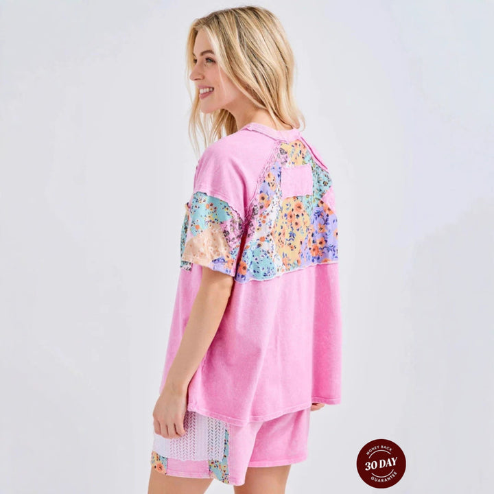 Damen nan lässiges Loungewear-Zweiteiler mit Oversize-Shirt, Kordelshorts, Patchwork-Tasche und Häkelbesatz Drune