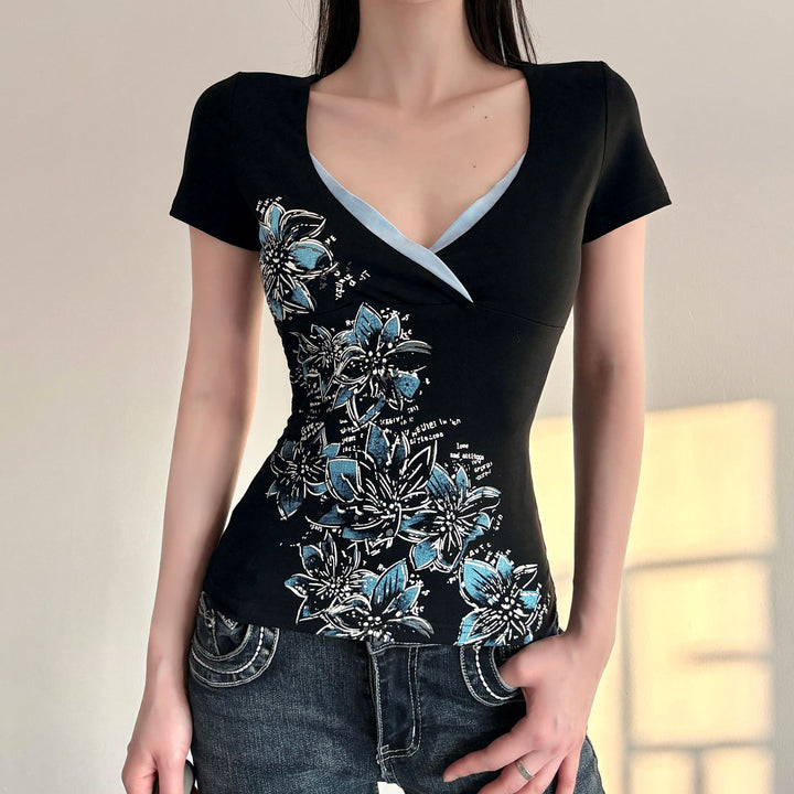Damen figurbetontes T-Shirt mit floralem Druck und V-Ausschnitt Drune