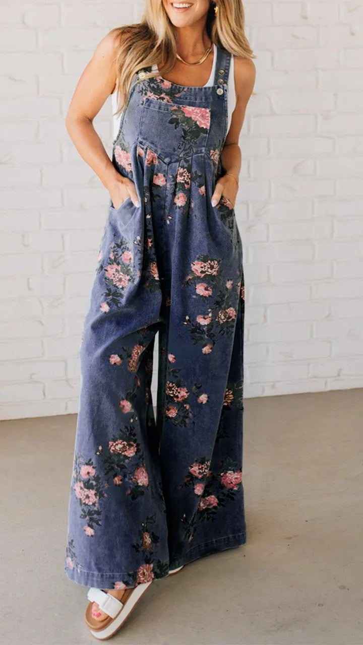 Damen Baumwoll-Overall mit floralem Druck und weiten Beinen Drune
