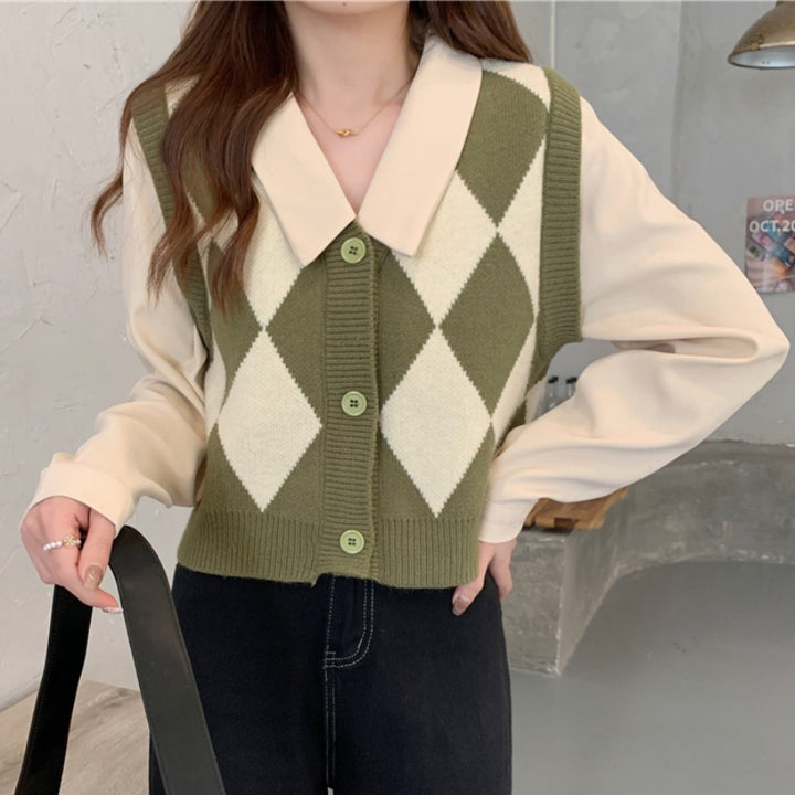 Damen Stilvolle Weste mit Rauten-Muster und Hemdkragen Drune