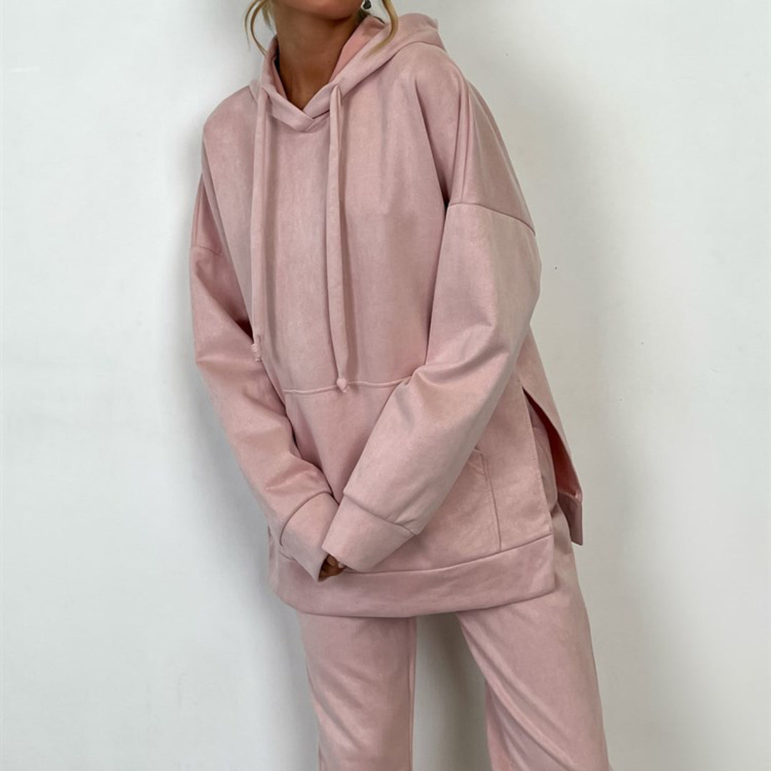 Damen kuscheliges Fleece-Loungewear-Set mit Kapuze und elastischem Bund Drune
