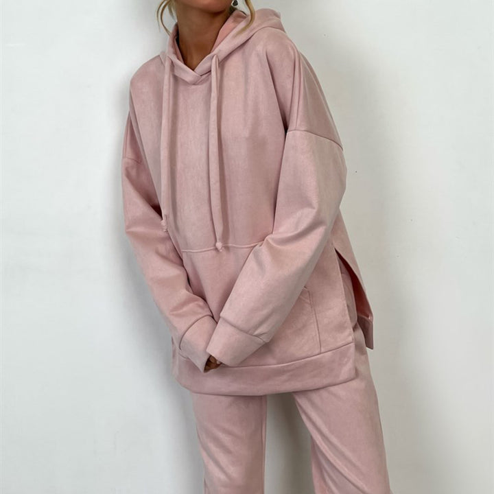 Damen kuscheliges Fleece-Loungewear-Set mit Kapuze und elastischem Bund Drune