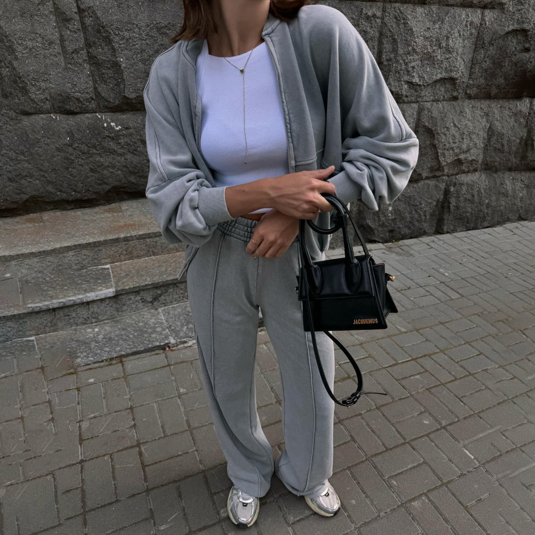 Damen lässiger Zweiteiler mit sweatshirtähnlichem Oberteil und weitem Hosenansatz Drune