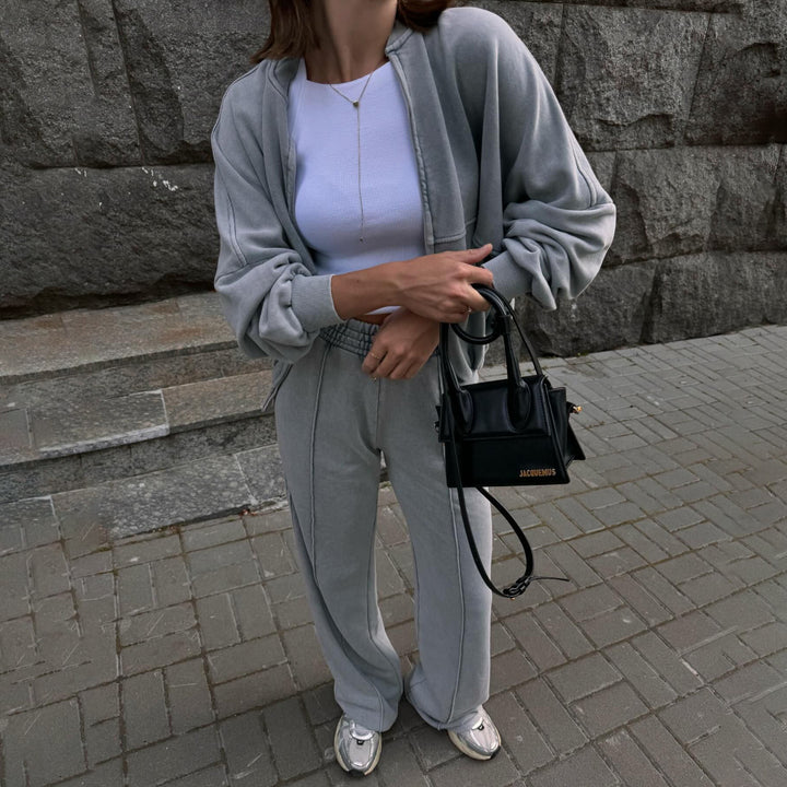 Damen lässiger Zweiteiler mit sweatshirtähnlichem Oberteil und weitem Hosenansatz Drune