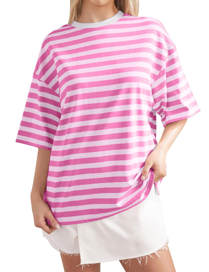 Damen Oversized gestreiftes T-Shirt mit Rundhalsausschnitt und kurzen Ärmeln Drune