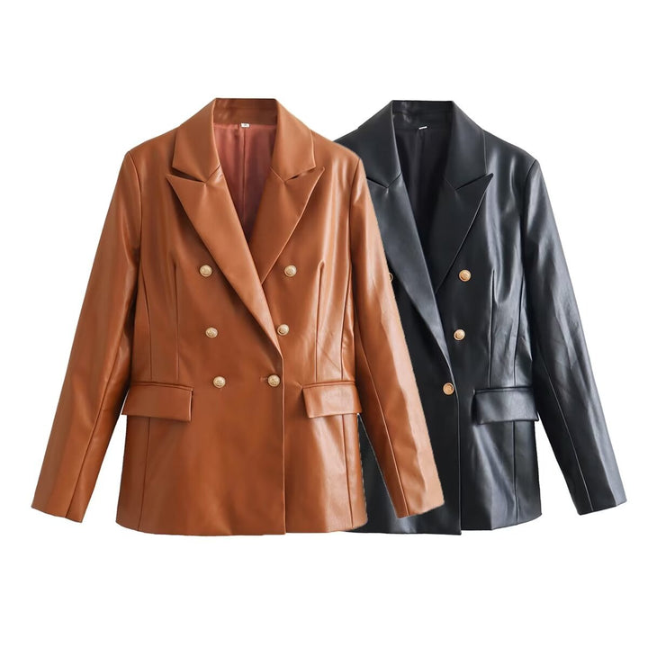 Damen Doppelreihige Kunstlederblazer Drune