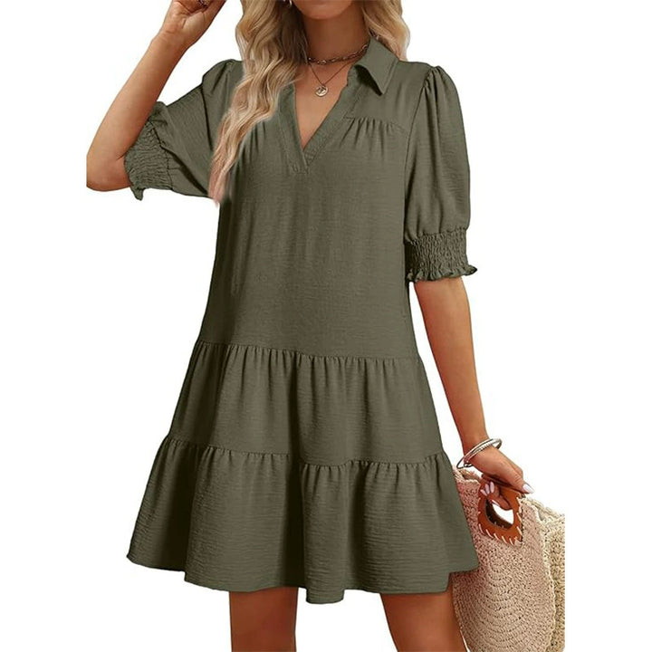 Damen luftiges Sommerkleid mit schickem Kragen und Rüschendetails Drune
