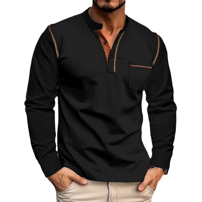 Herren nan Langarmshirt mit Mandarin-Kragen Brusttasche und Kontrastziernähten Drune