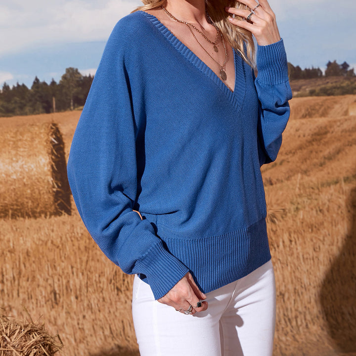 Damen V-Ausschnitt Strickpullover mit weitem Schnitt und gekräuselten Ärmeln Drune