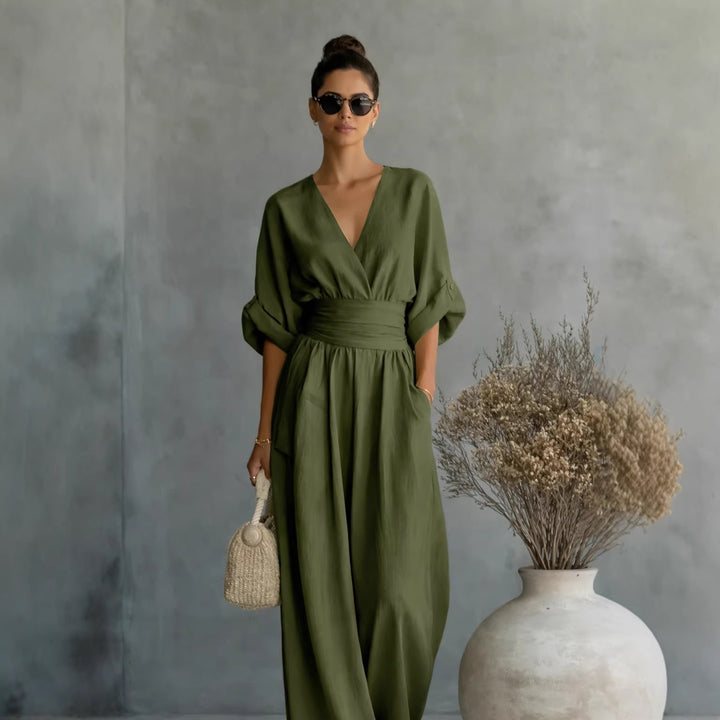 Damen Weit geschnittener Jumpsuit mit eleganten Drapierungen und V-Ausschnitt Drune