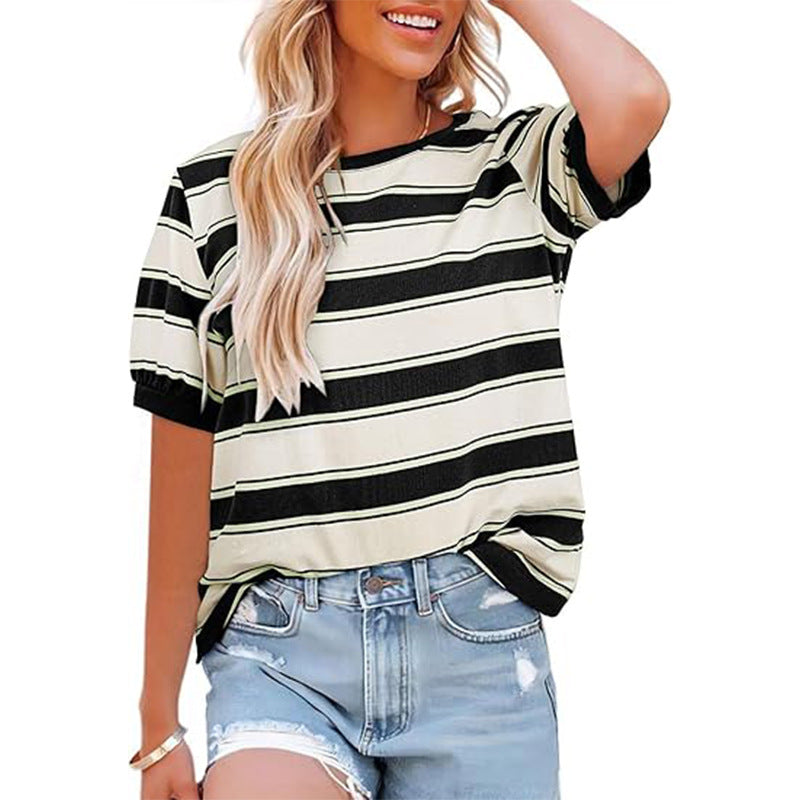 Damen lässiges Streifen T-Shirt mit Kurzarm und Rundhalsausschnitt Drune