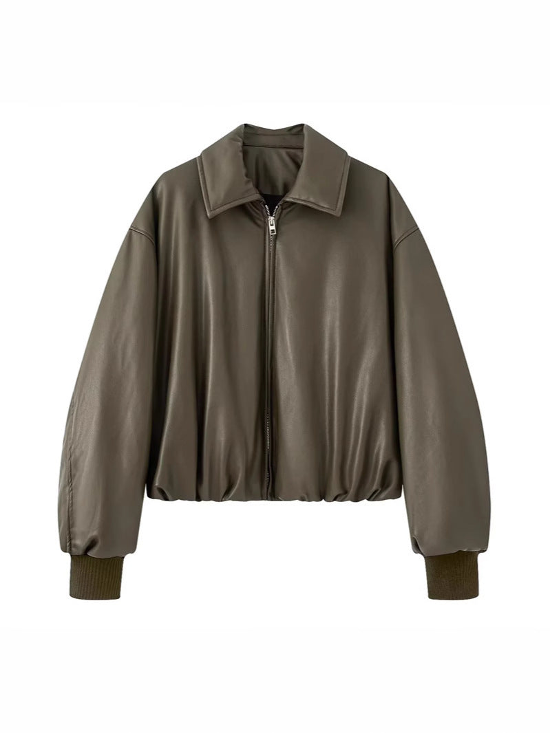 Damen lässige Kunstlederjacke mit voluminösem Schnitt und praktischen Taschen Drune