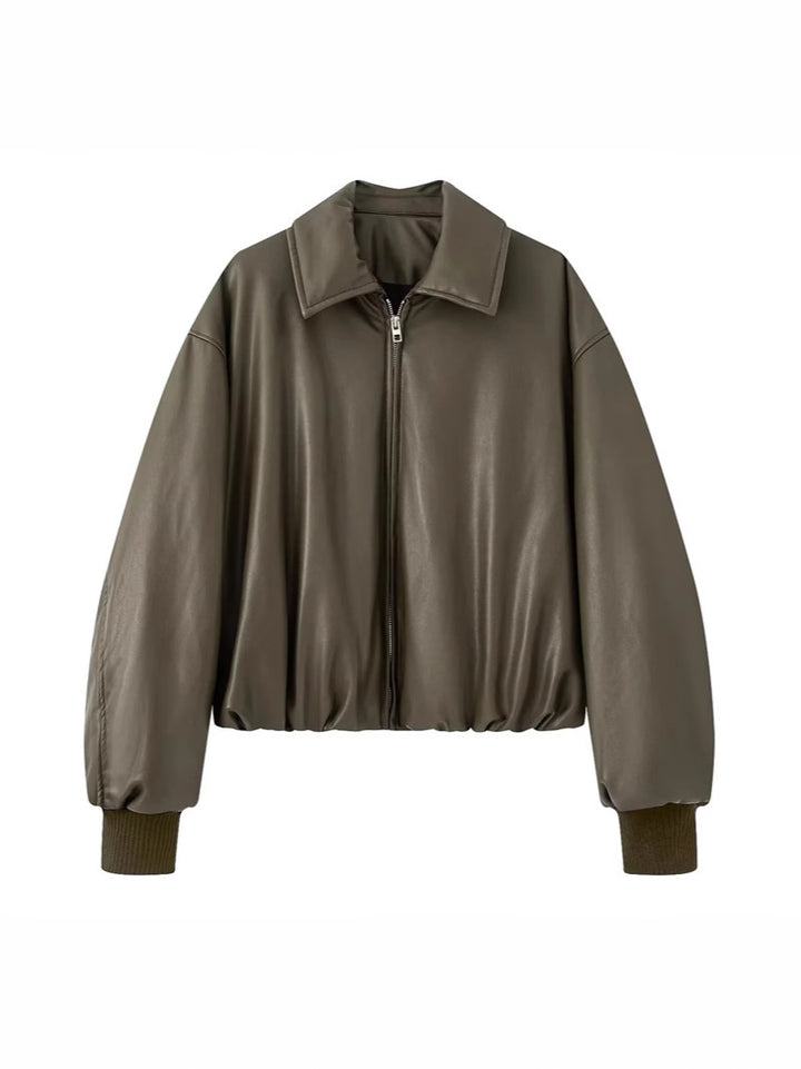 Damen lässige Kunstlederjacke mit voluminösem Schnitt und praktischen Taschen Drune
