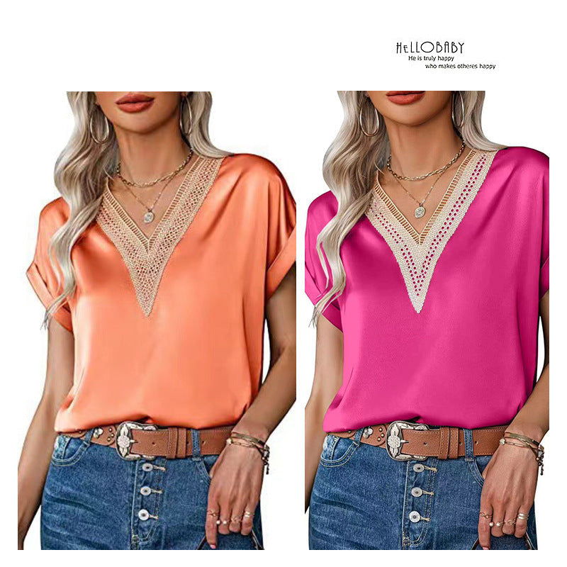 Damen Satin Bluse mit elegantem V-Ausschnitt und raffinierten Spitzenakzenten Drune
