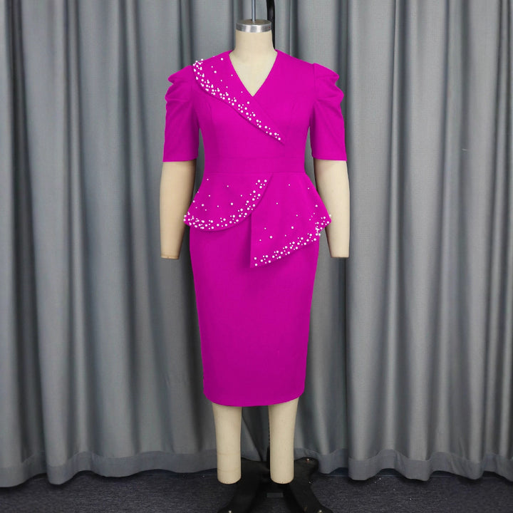 Damen figurbetontes Wickelkleid mit Rüschen und Perlenakzenten Drune