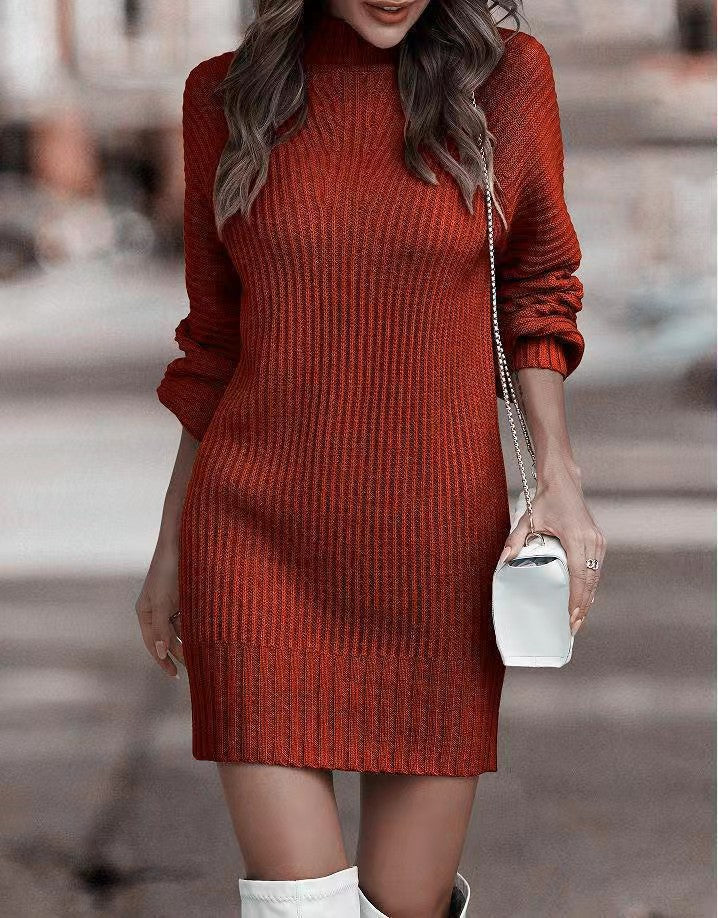 Damen Strickkleid mit hohem Kragen und modischen Rippdetails Drune