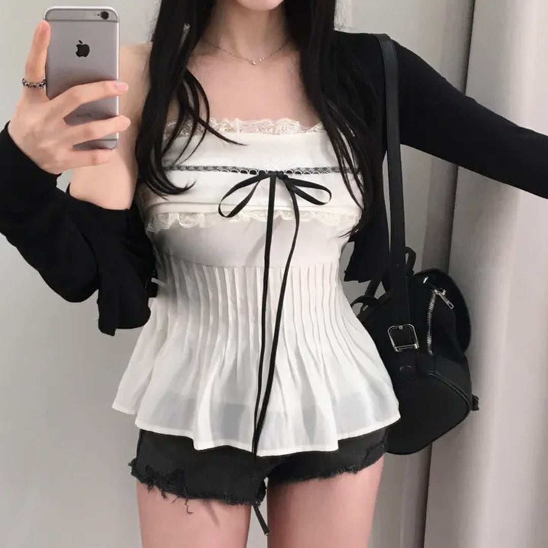 Damen Off-Shoulder Blusenshirt mit Rüschen und Bindeband Drune