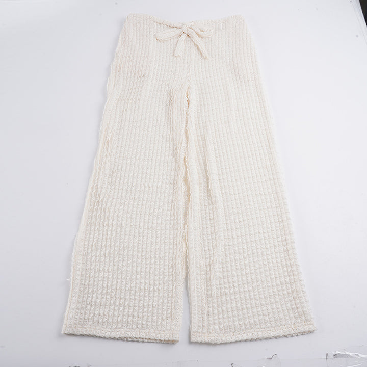 Damen nan kuschelige Strick-Loungehose mit weitem Bein, hoher Taille und Kordelzug Drune