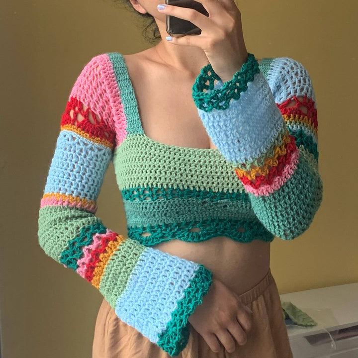 Damen gehäkeltes Crop-Top mit langen Ärmeln und ausgefallenem Saum Drune