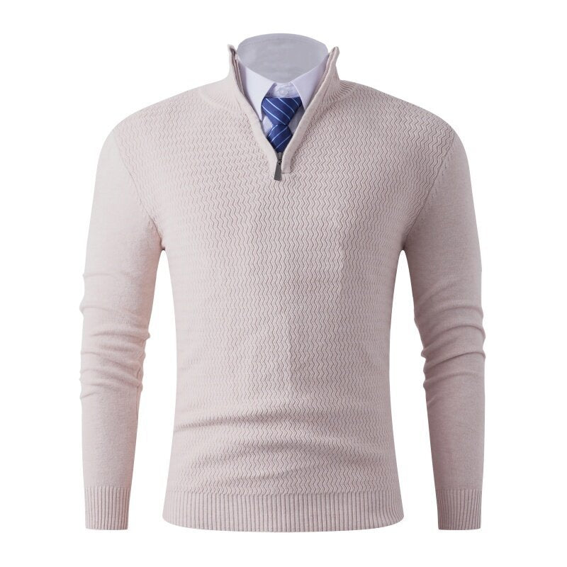 Herren nan feinstrickpullover mit Stehkragen und halbem Reißverschluss, Strukturstrick und schlanker Business-Casual-Passform Drune