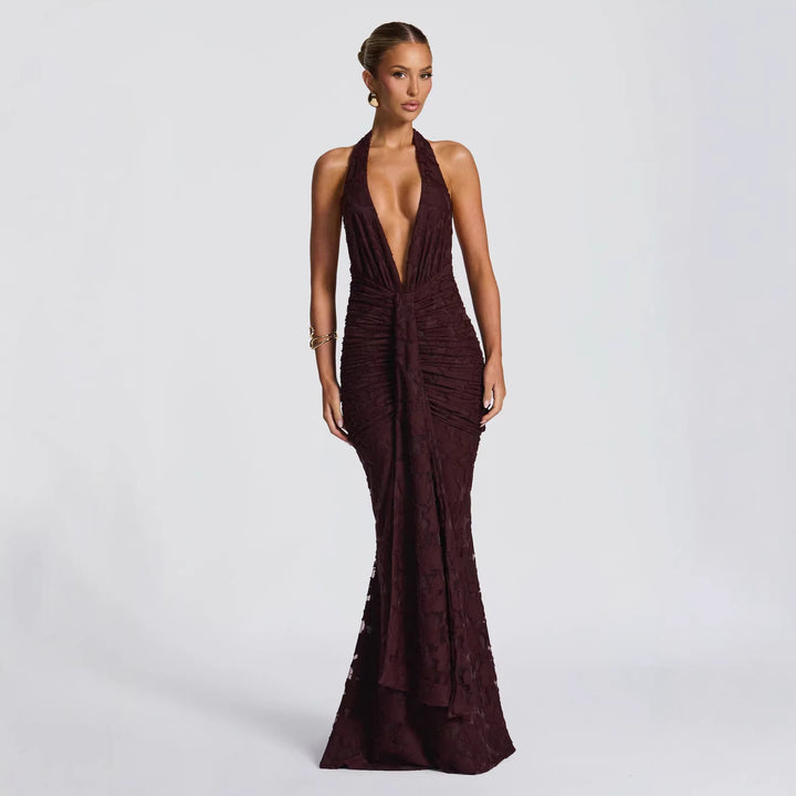 Damen Glamouröses Abendkleid mit tiefem V-Ausschnitt und geraffter Textur Drune