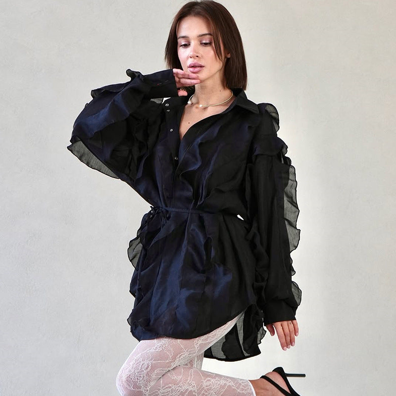 Damen modisches Hemdblusenkleid mit Rüschen Drune