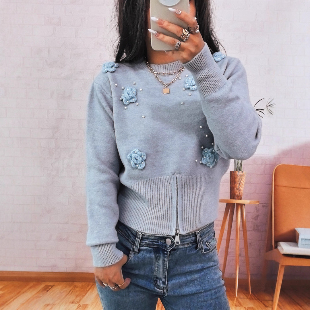 Damen Strickpullover mit floralen Applikationen und glänzenden Perlen Drune