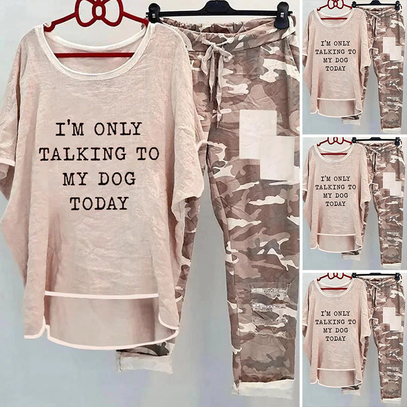Damen nan weites Freizeit-Set mit Spruchaufdruck, weit geschnittenem Langshirt und Camouflage-Jogginghose Drune