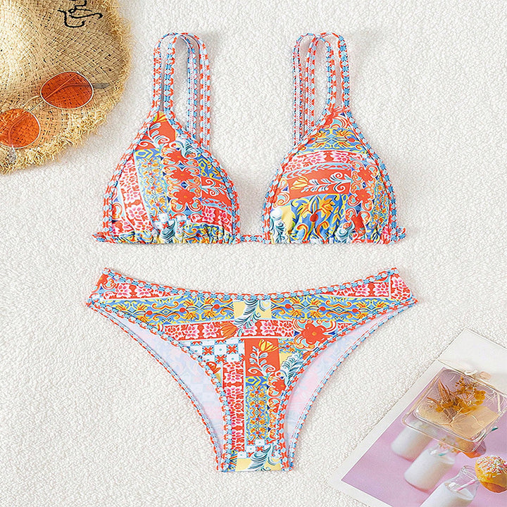 Damen Triangel-Bikini-Set mit eleganten Mustern und verstellbaren Trägern Drune