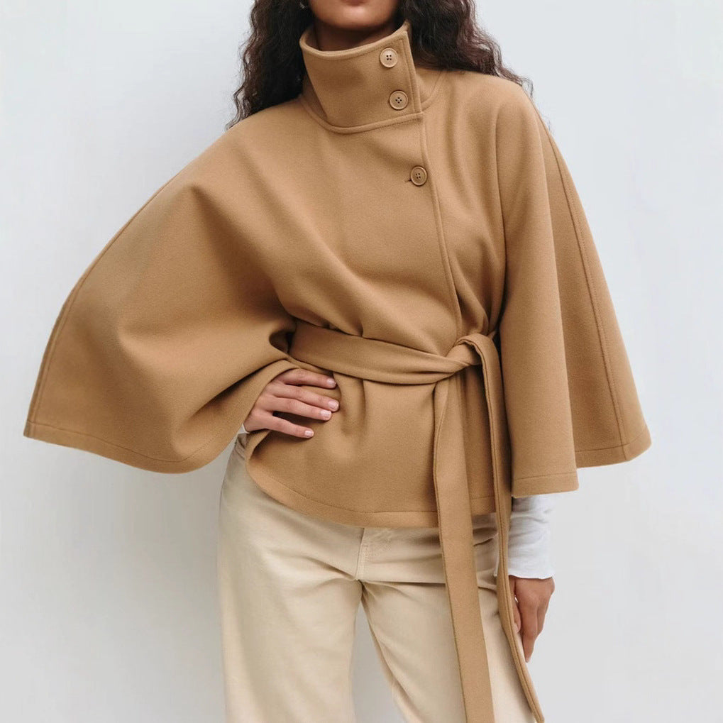 Damen stylische Umhangjacke mit hohem Kragen und Gürtel Drune