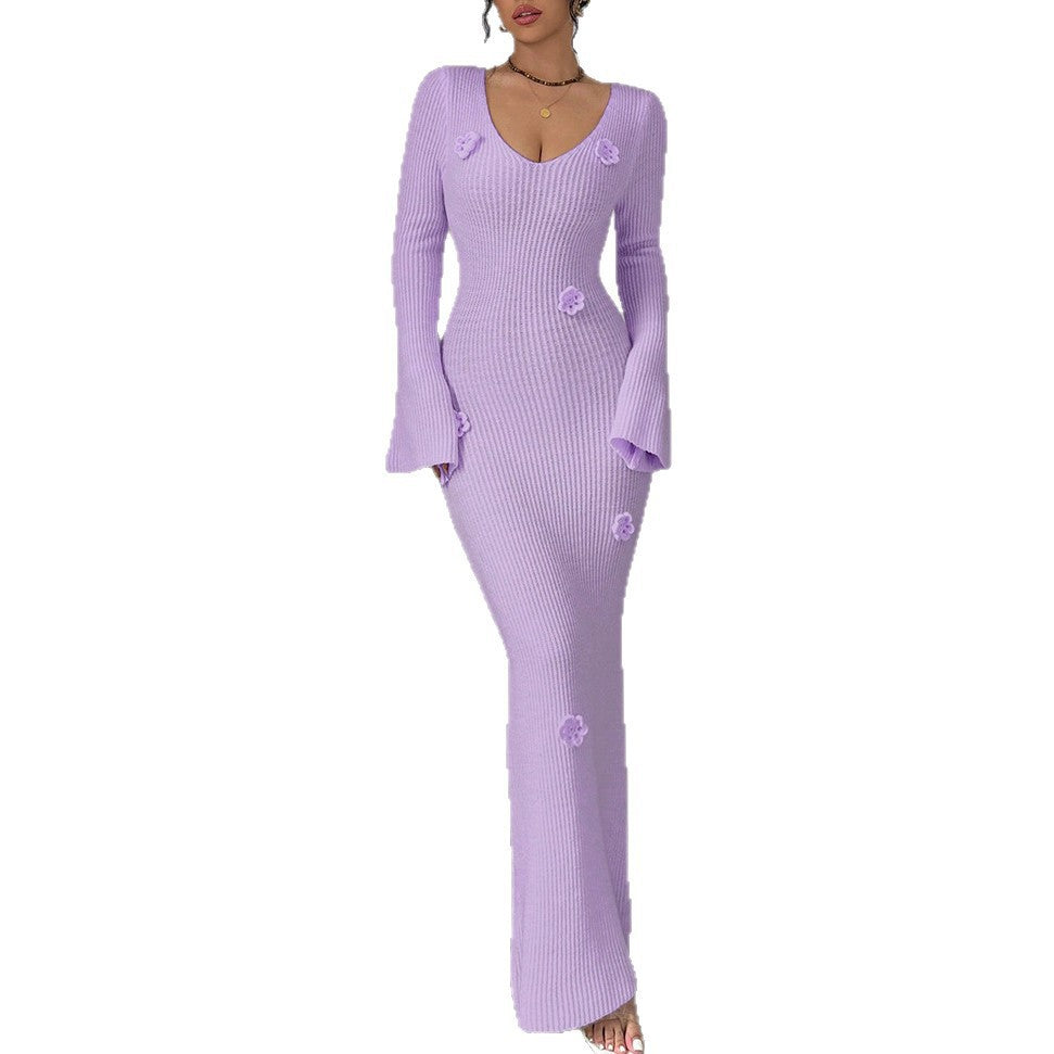 Damen Maxikleid mit elegantem Rippenstrick und modischen Blumenapplikationen Drune