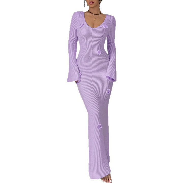 Damen Maxikleid mit elegantem Rippenstrick und modischen Blumenapplikationen Drune