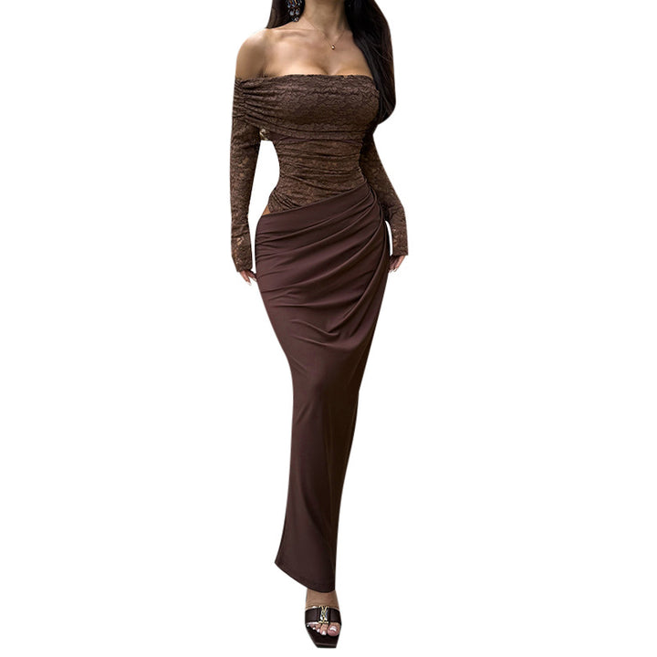 Damen Elegantes Off-Shoulder Kleid mit Spitzenoberteil Drune