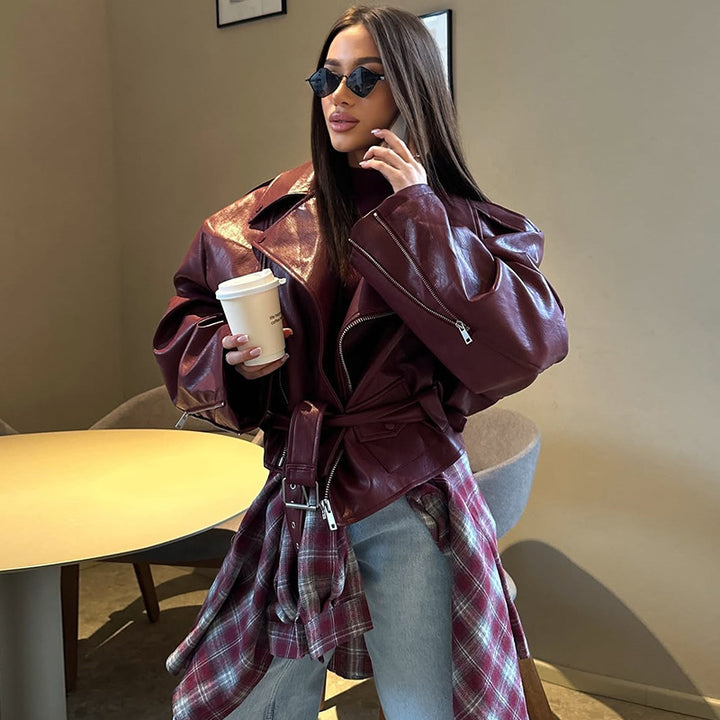 Damen oversized Lederjacke mit Bindegurt Drune