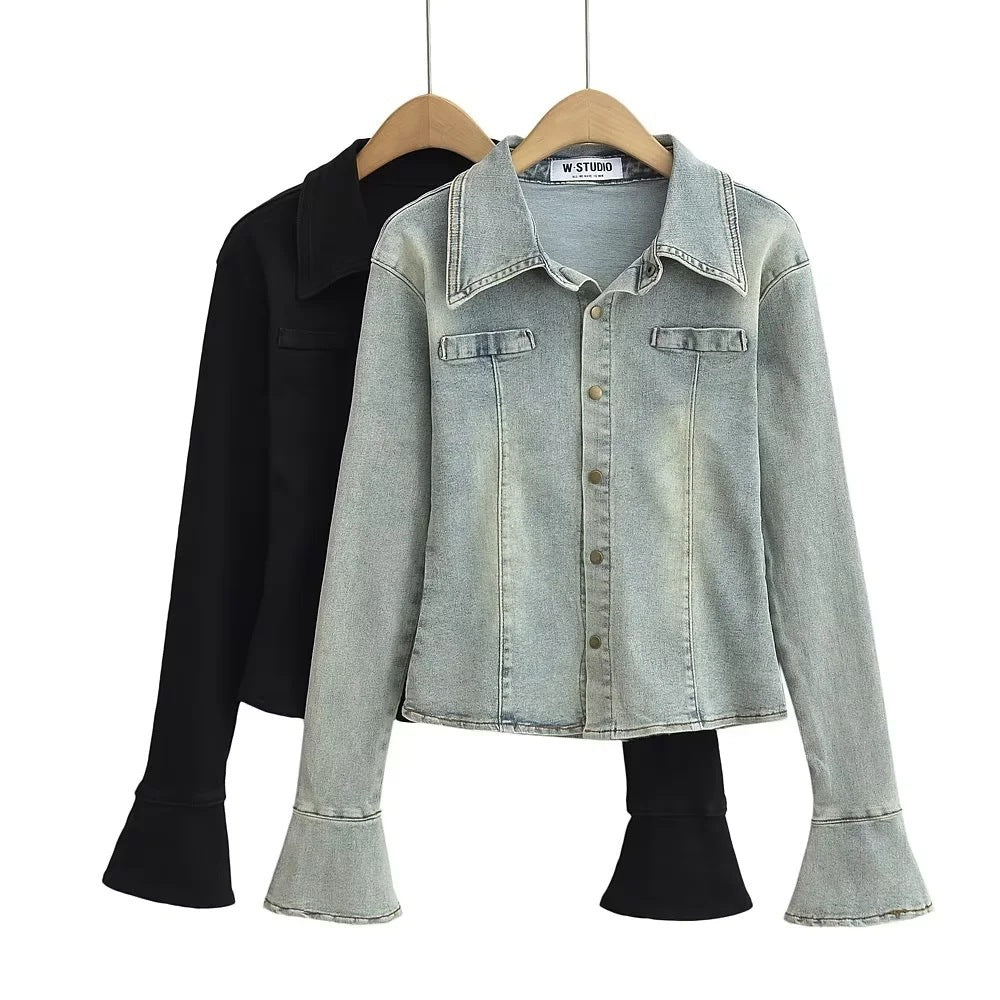 Damen Jeanshemd mit modischen Glockenärmel und aufgesetzten Taschen Drune