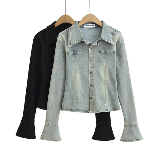 Damen Jeanshemd mit modischen Glockenärmel und aufgesetzten Taschen Drune