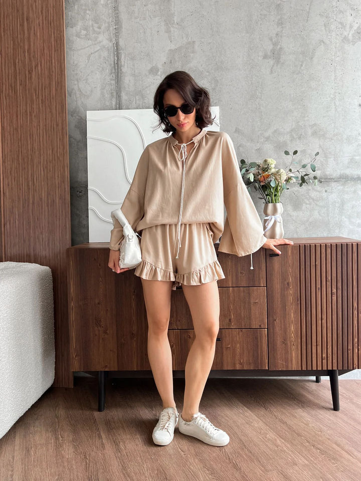Damen lässiges Blusen- und Shorts-Set mit Rüschendetails und weitem Schnitt Drune