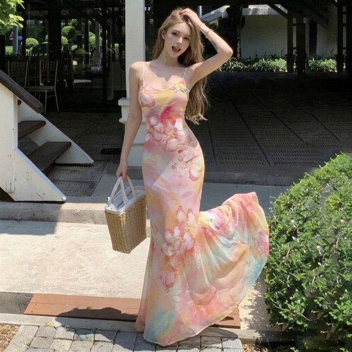 Damen Maxikleid mit floralem Design und Spaghettiträgern Drune