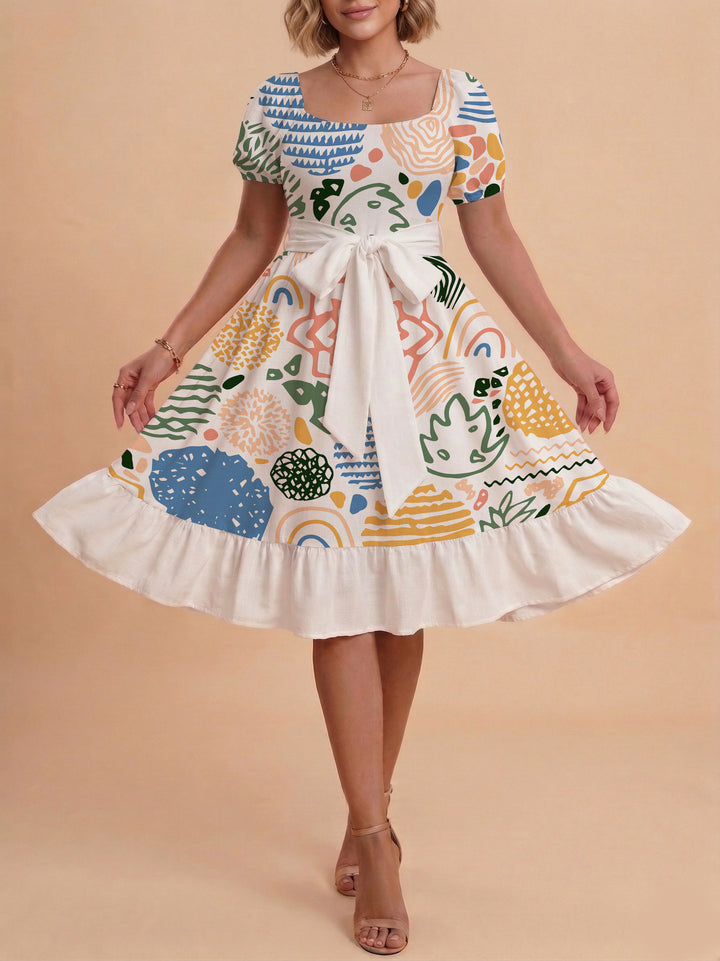 Damen Sommerkleid mit floralem Puffärmel und taillierbarem Gürtel Drune
