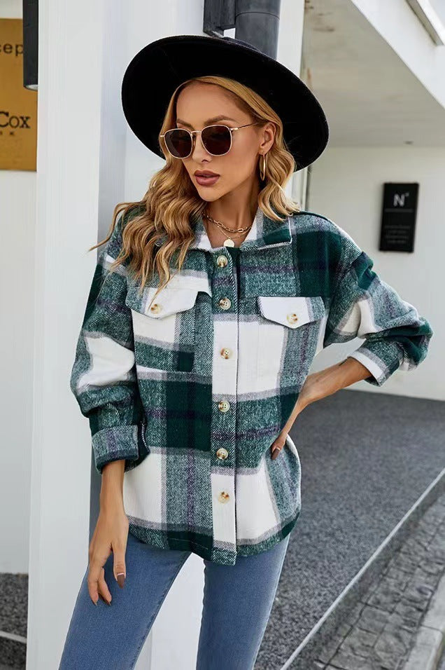 Damen Karierte Flanelljacke mit Knopfleiste und Taschen Drune