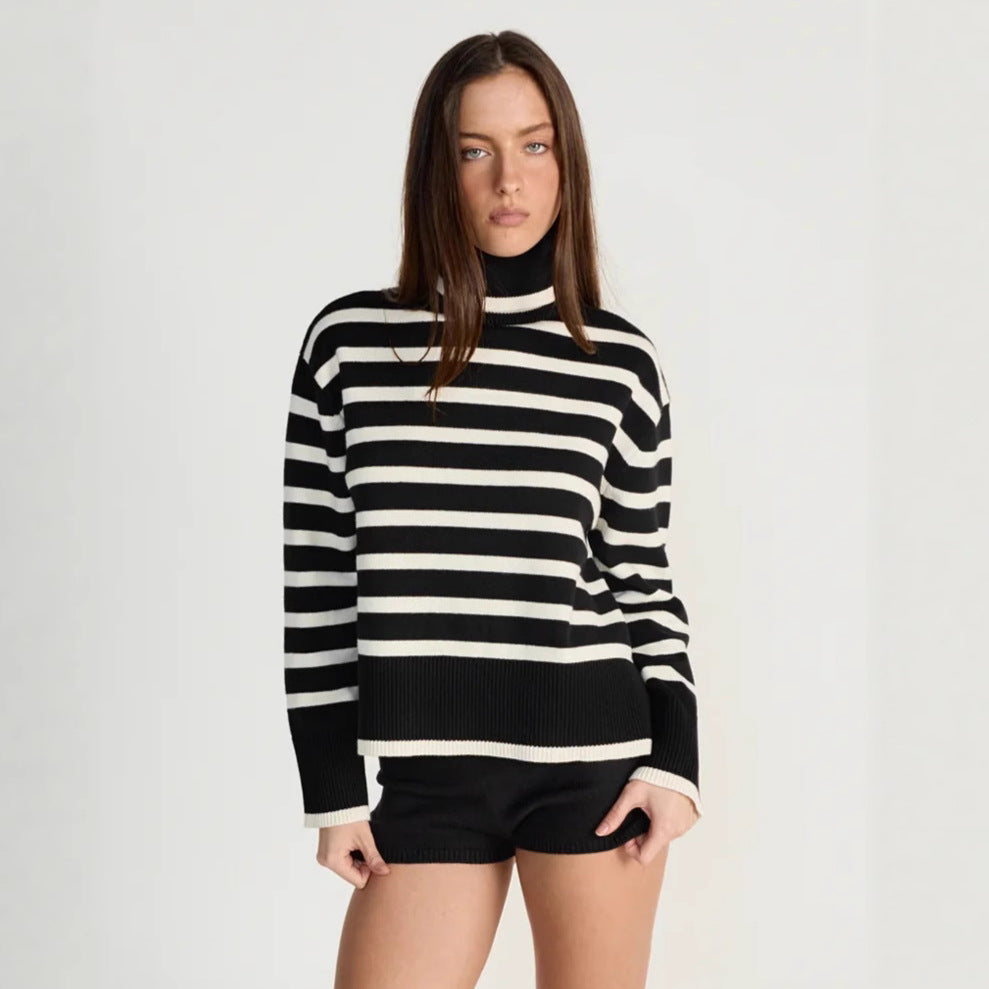 Damen gestreifter Rollkragenpullover mit lässigem Schnitt Drune