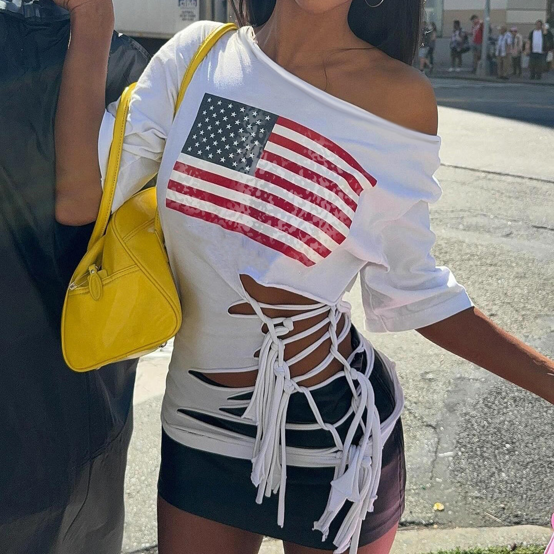 Damen Crop-Top mit Flaggenmotiv und raffinierten Fransen Drune